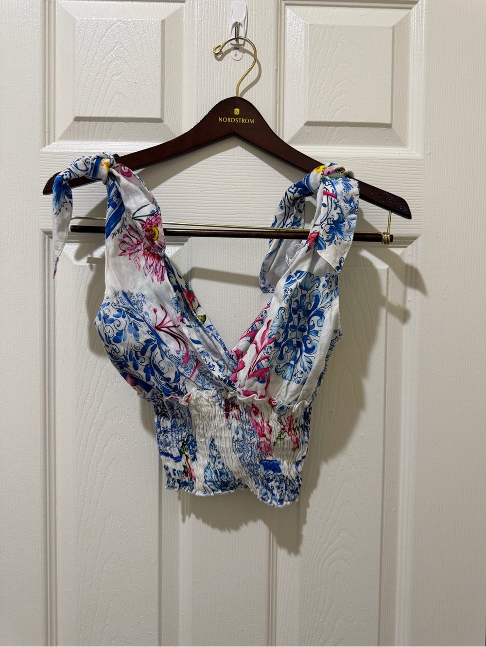 Floral Tie-Shoulder Cropped Tank Top - White/Blue/Pink